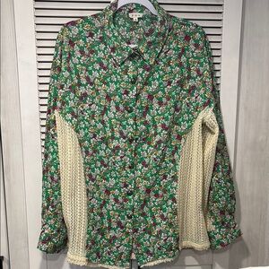 Floral Button-Up Shirt with Crochet Sleeves